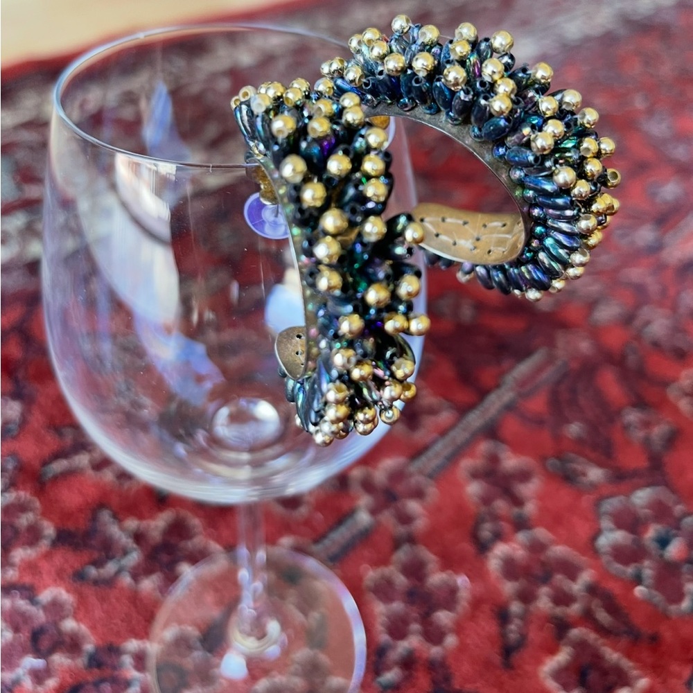 Vintage Statement Openwork Beaded AB Gold 60s 70s Disco Beaded Half Hoop Earring - Picture 2 of 9